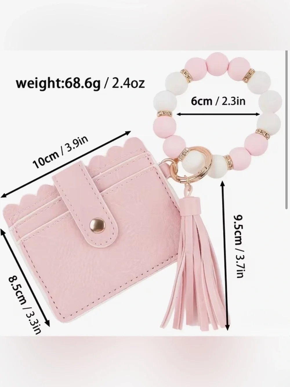 Blush Pink Silicone Beaded Tassel Wristlet Cardholder Keyring - New